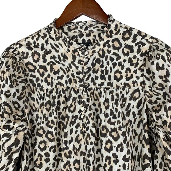 J Crew Blouse Button Front Ruffleneck Popover Leopard Print Cotton Women's S - Picture 2 of 9